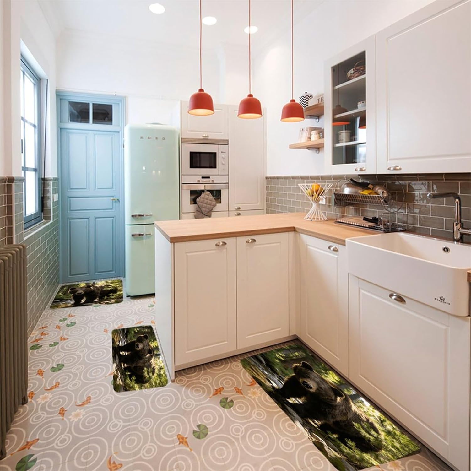 Bear Kitchen Rugs Sets of 3 Non Slip Kitchen Mat for Floor Comfort Standing Rug and Mats Thick Cushioned Long Area Carpets for Laundry Room Entryway