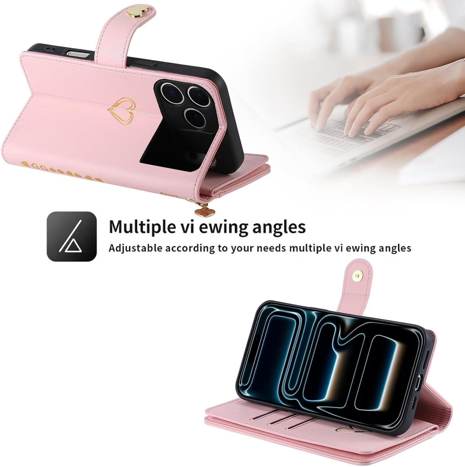 Wallet Case for iPhone 17 Pro Max, Fashion PU Leather Heart Cover for Women Girls, Handbag Zipper Pocket Magnetic Shockproof Flip Phone Case with Wrist Strap Card Slot Kickstand Pink