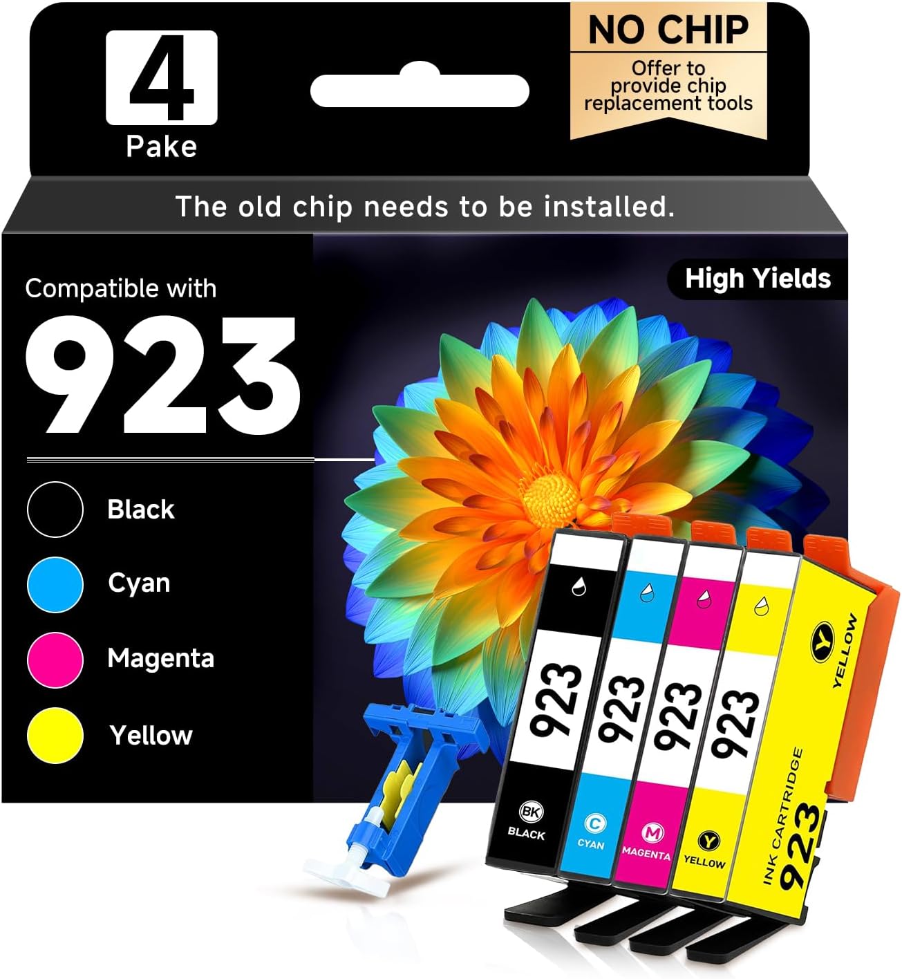 923 Ink Cartridges Replacement for HP 923 Ink, (Without Chip) 4 Pk Bk/C/M/Y