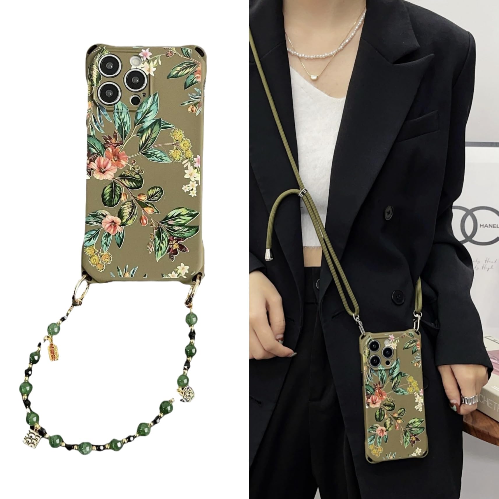 SGVAHY for iPhone Xs Max Case with Wrist Strap Crossbody Lanyard Vintage Floral Pattern Design for Women Girls Soft Silicone Protective Cover for iPhone Xs Max Green
