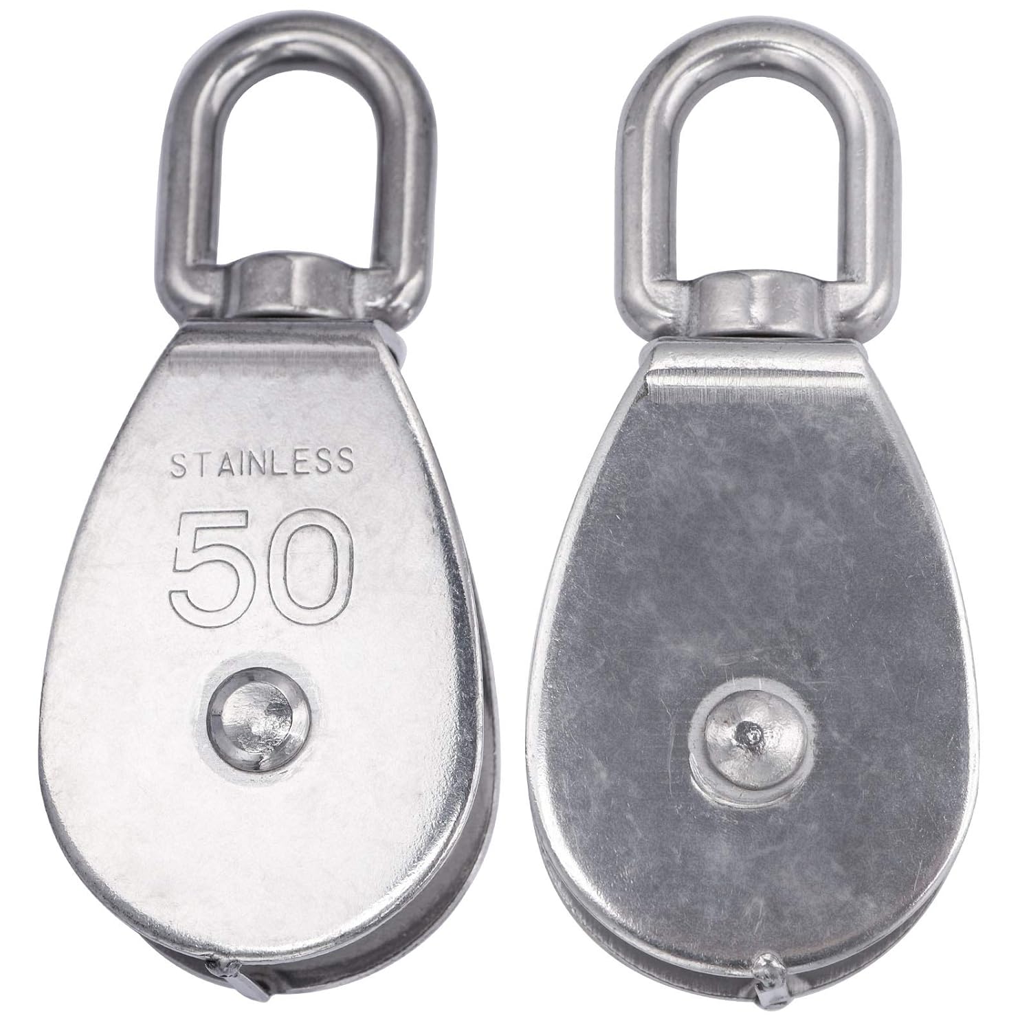 2PCS M50 Single Pulley Snatch Block 304 Stainless Steel Lifting Crane Swivel Hook, 3/8" Rope x 2" Sheave (M50-2PCS)