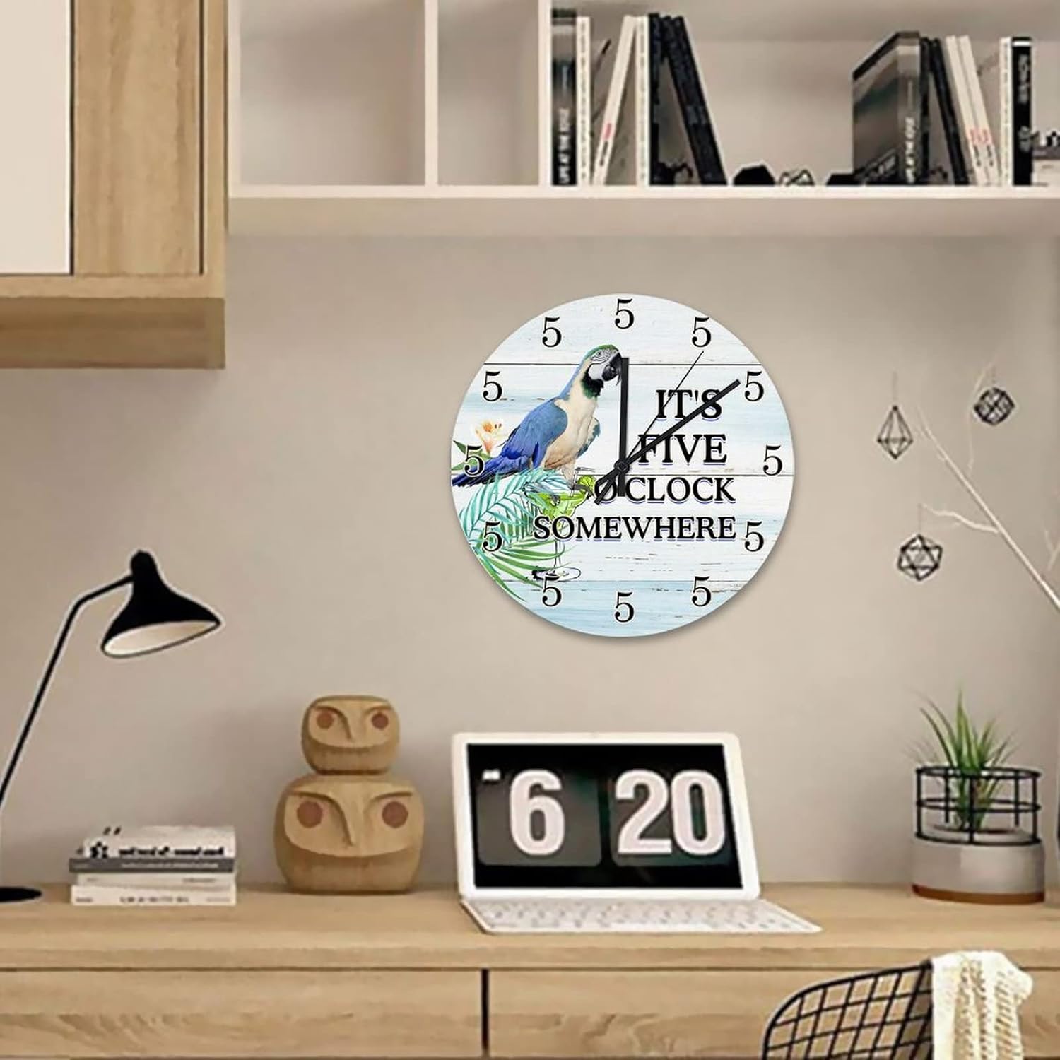 12 Inch It's 5 O'Clock Somewhere Parrot Wall Clocks Battery Operated Tiki Decor Decorative Clock Round Clock for Living Room Bedroom Kitchen Farmhouse Decor