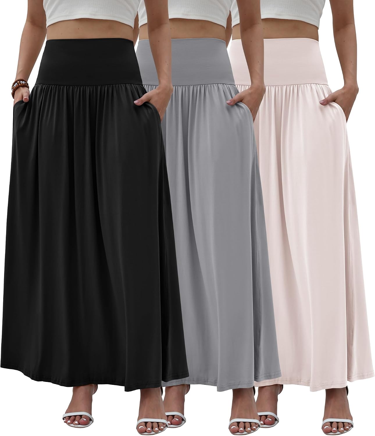 Fall Long Maxi Skirts for Women 3 Pack Set with Pockets Cute Womens Skirts for Party