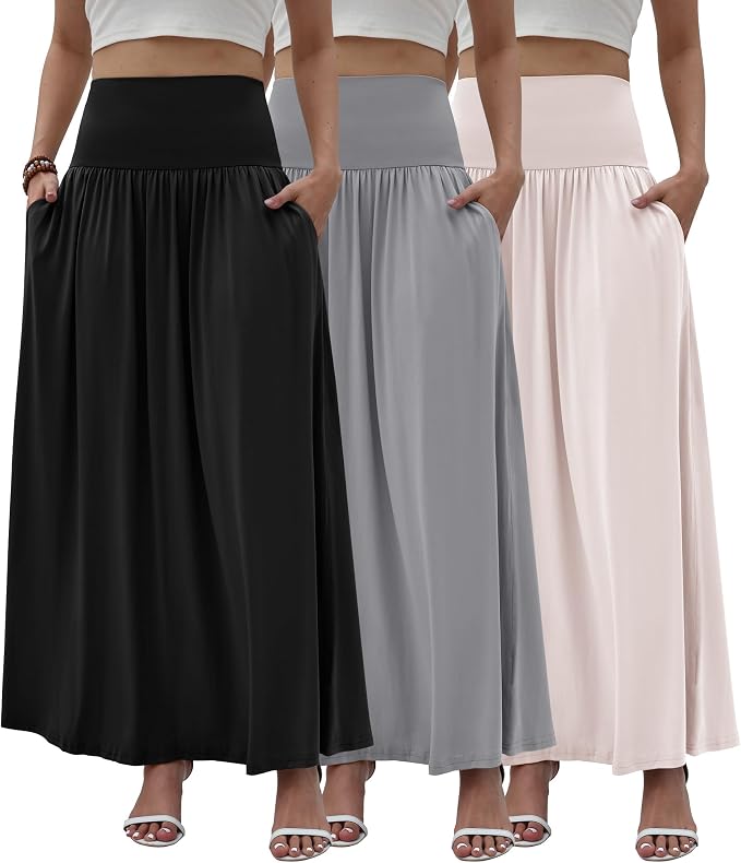 Chicyoo 3 Pack Long Maxi Skirts for Women Set with Pockets Cute Party Skirt | Premium 80% Polyester, 10% Cotton, 10% Acrylic blend. Features lightweight &amp; breathable. Lightweight, perfect for daily wear
