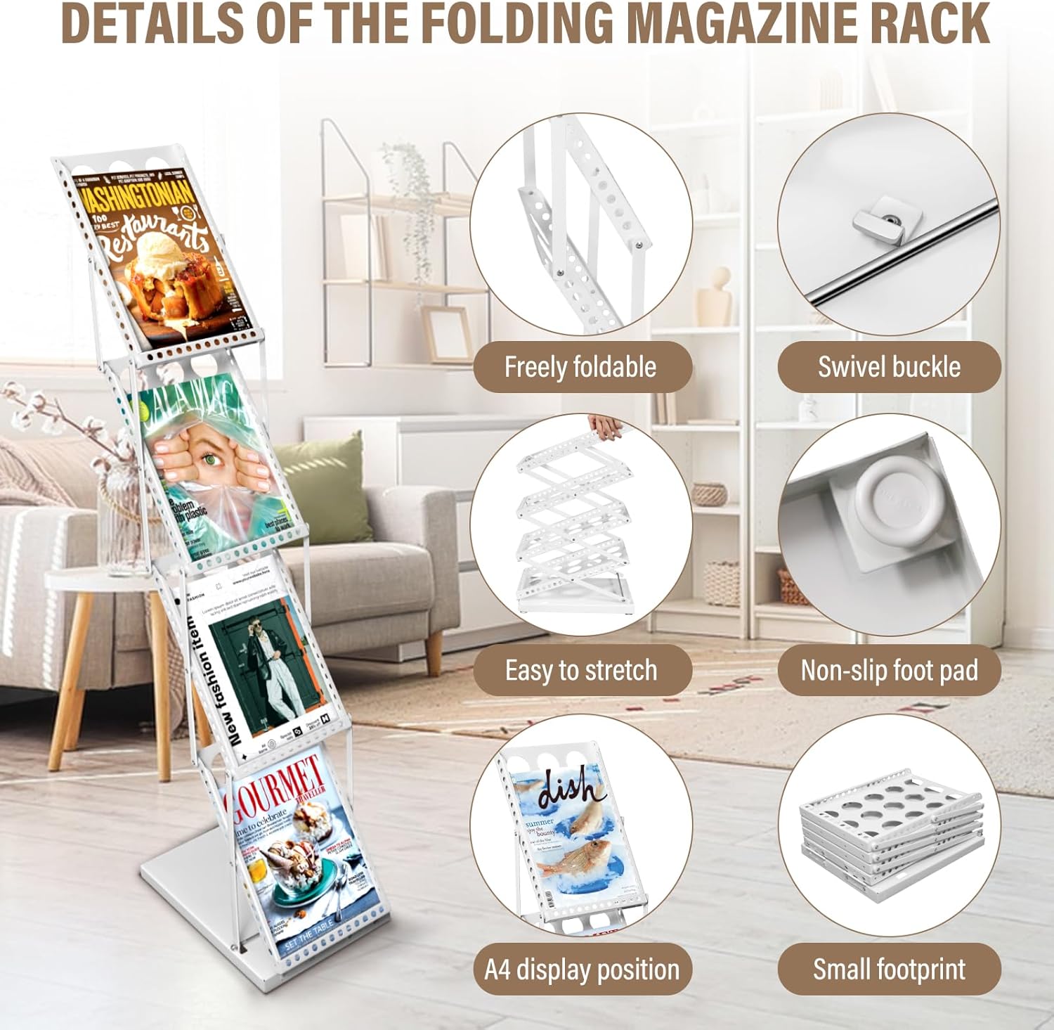 Foldable Magazine Rack with 4 Pockets, Portable Brochure & Literature Display Stand for Office, Trade Shows and Exhibitions, Includes Carrying Bag, White