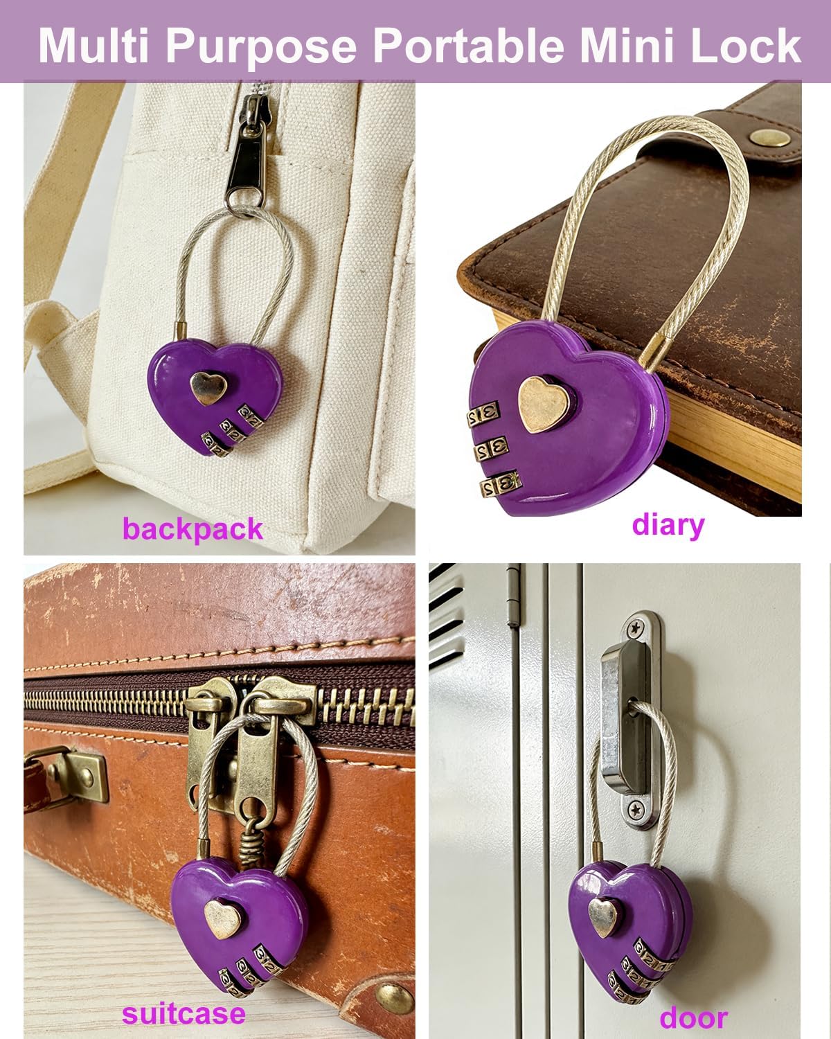 Heart Shaped Password Lock, Purple Love Lock with Combination, Cute Decorative Lock for Luggage, Jewelry Box, Diary, Gift Box - Suitable for Home, Travel, Valentine's Day Gift (2 Pack Purple)