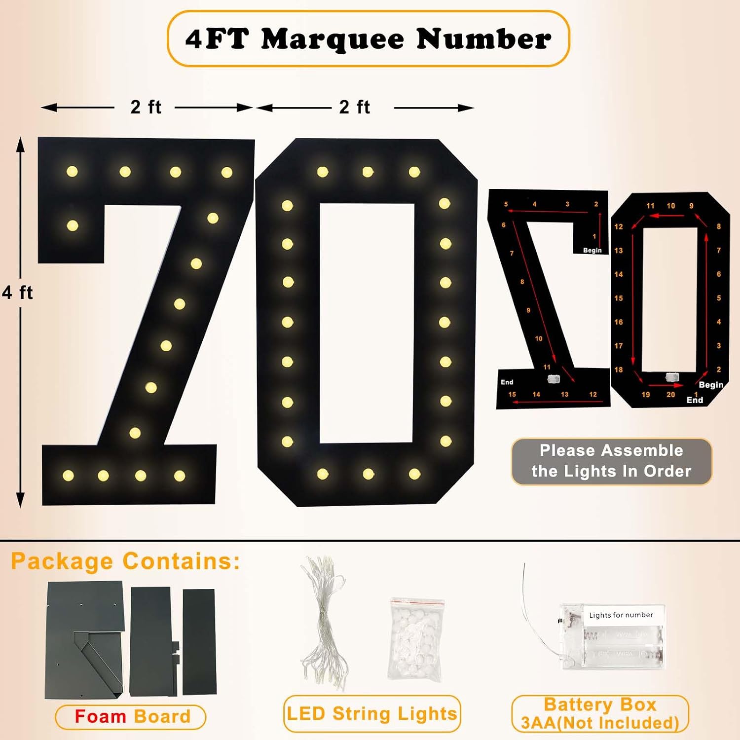 4FT Marquee Light Up Numbers, Black Giant Marquee Number Big Mosaic Number for 40th Birthday Party Decorations Backdrop 70 Anniversary Decor, Pre-Cut Frame Large Number 70
