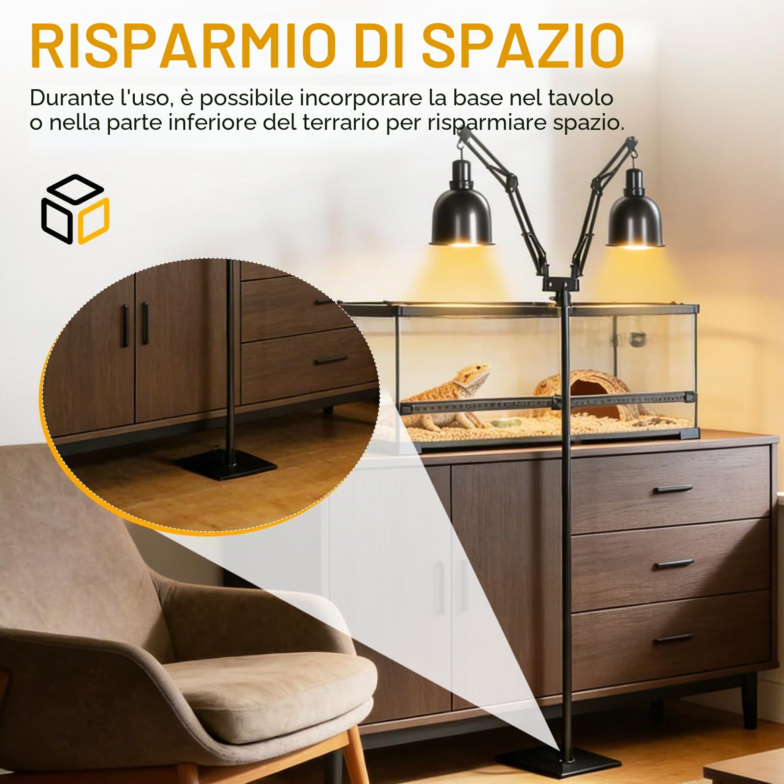 Supporto per Lampada per Rettili Regolabile, Portalampada per Acquario Altezza Regolabile 40-160CM, Rotazione a 360°, Porta Lampada Rettile con 2 Ganci per Tartaruga, Ragni, Terrario
