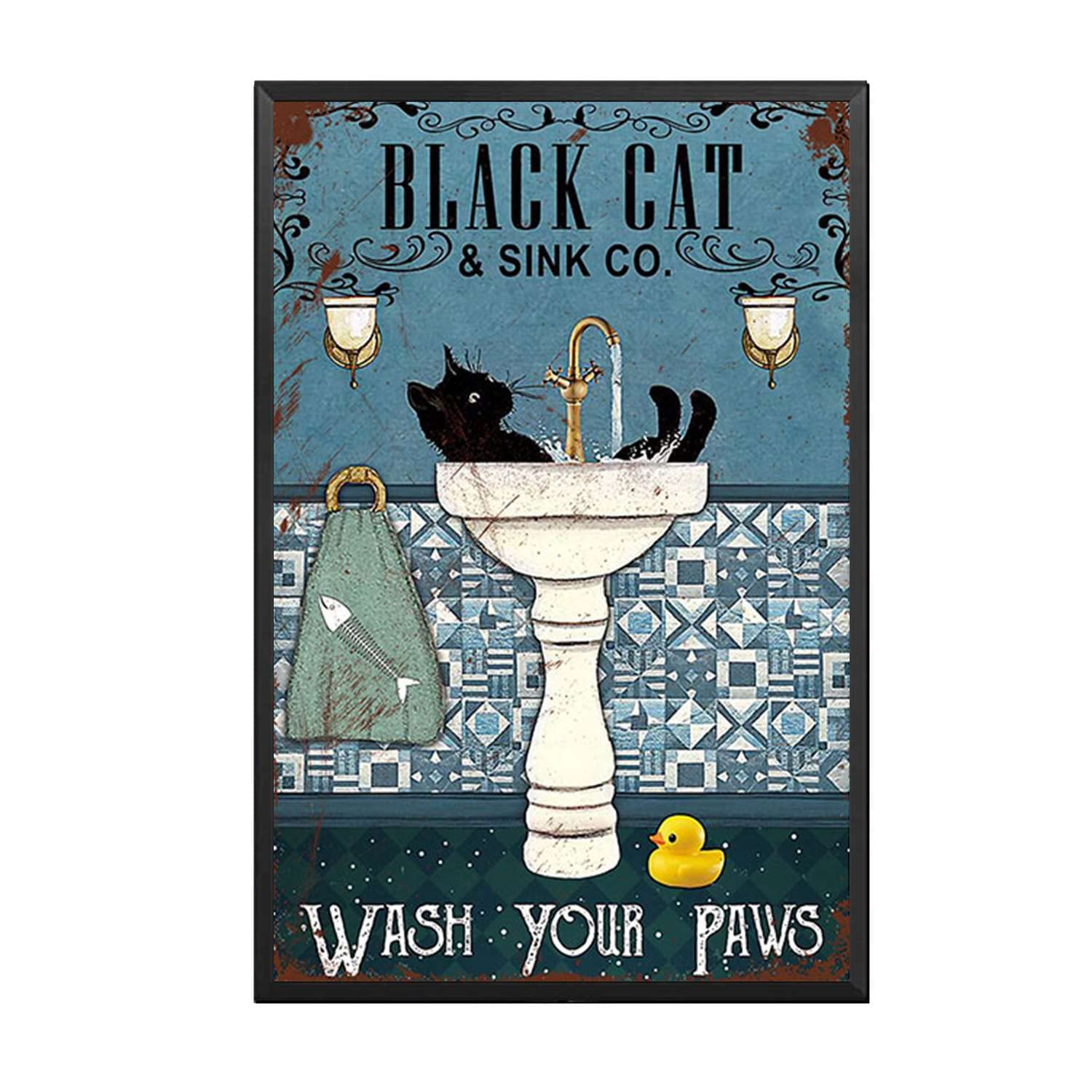 Tin Sign Black Cat And Sink Co Wash Your Paws Nostalgic Vintage The garage indoor Metal Wall Decor The mural 8x12inch-Metal Frame