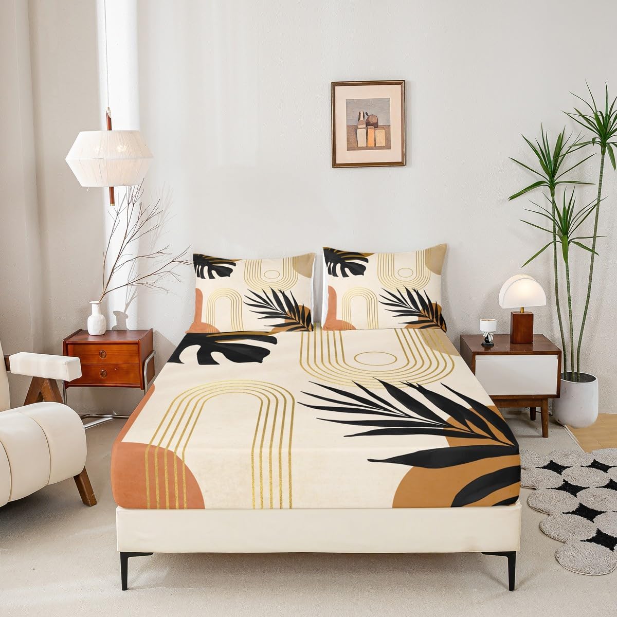 Erosebridal Boho Mid Century Full Bed Sheets, Abstract Tropical Palm Leaves Fitted Sheet, Modern Minimalist Botanical Bedding Set, Bohemian Aesthetic Simple Geometric Sheets