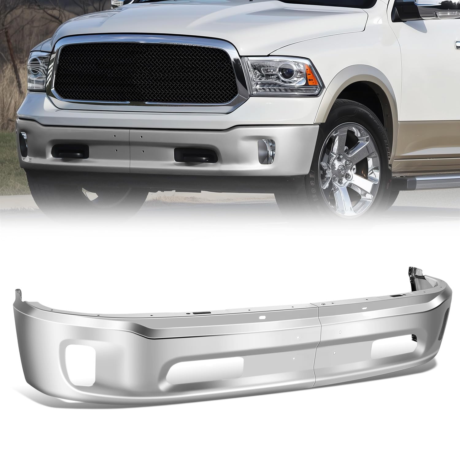 Front Steel Bumper Face Bar Assembly Compatible with 2014-2018 Ram 1500, 2019-2024 Ram 1500 Classic 2-Piece Modular Design w/Fog Light Cutouts w/o Parking Sensor Cutouts Chrome 11739686