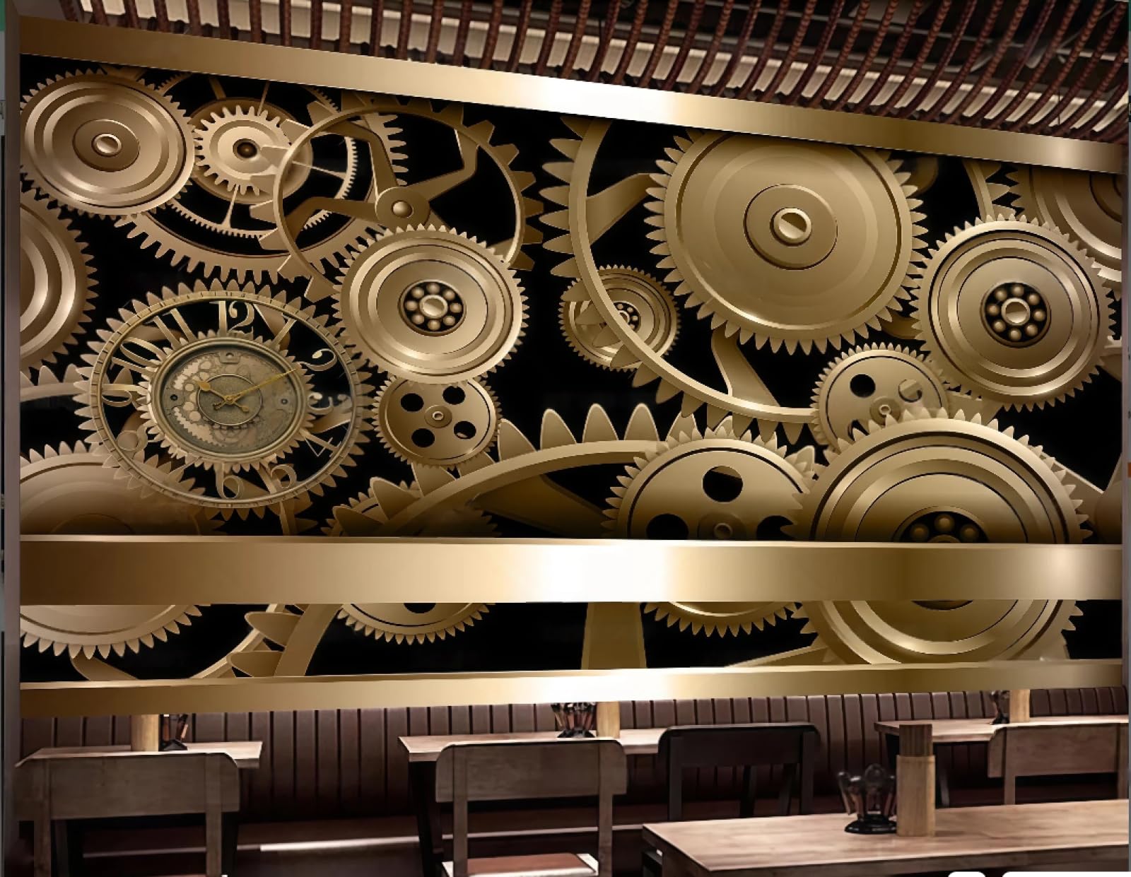 rskjdghshd Wallpaper Three-Dimensional Golden Metal Gear Theme Hotel Bar Western Restaurant Background Wall Mural Afternoon Tea Coffee Shop Wallpaper,3D,350x245cm