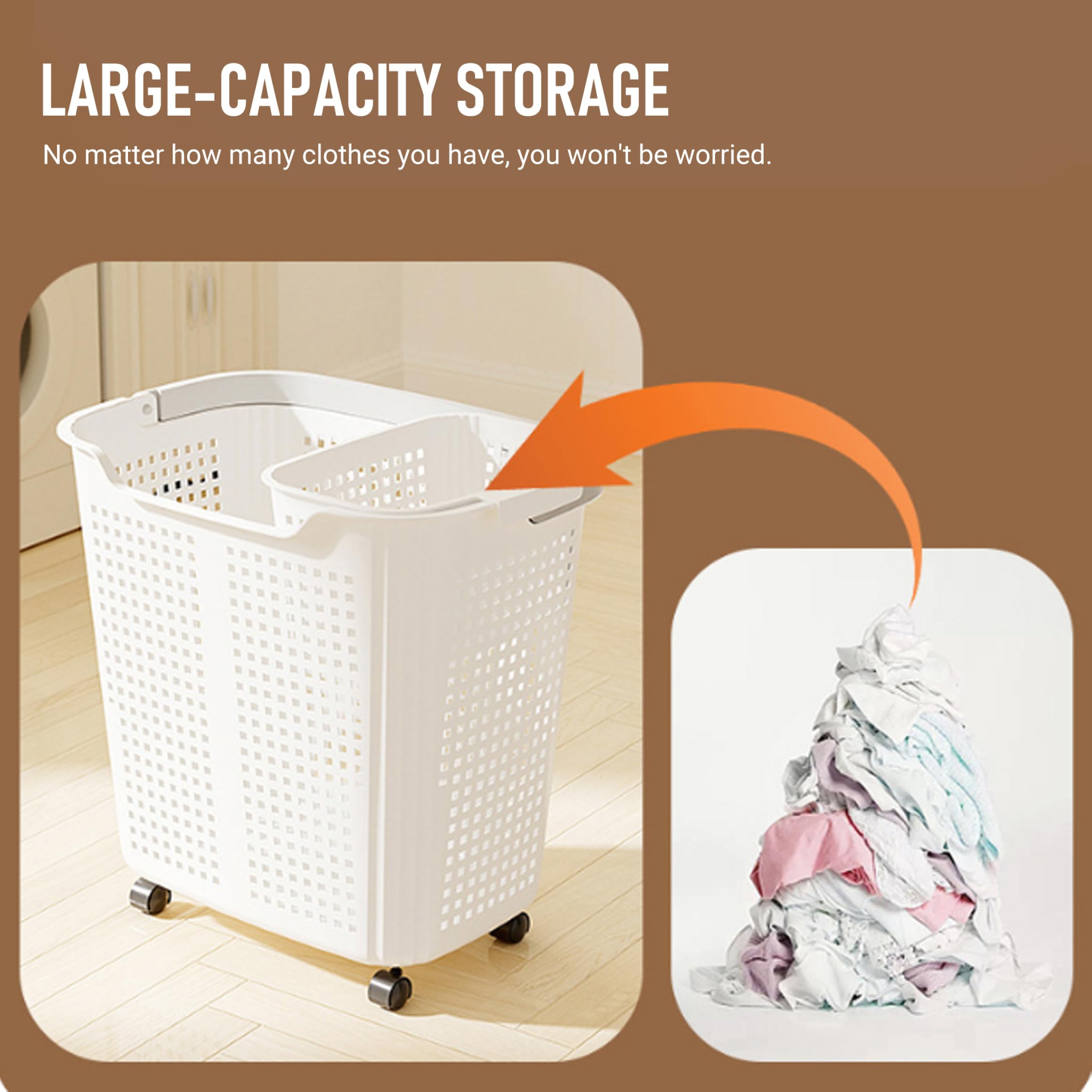 Rollkorb, 2 Stück rollender Wäschekorb mit Rollen und Griff, belüfteter Kunststoff-Wäschekorb mit Rollen für Badezimmer, weiß
