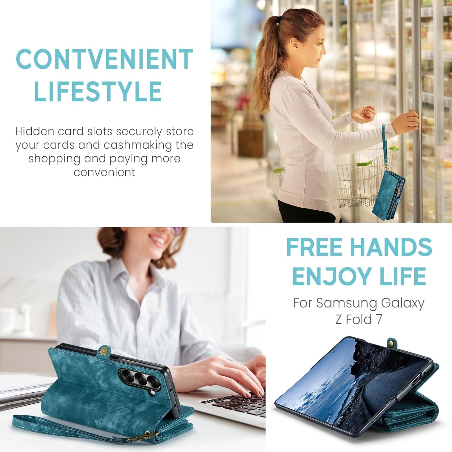 Kowauri for Samsung Galaxy Z Fold 7 Case,Zipper Purse Magnetic Folio Leather Wallet Case with S Pen Holder Wrist Strap Card Holder Shockproof Protective Cover for Samsung Galaxy Z Fold 7 5G (Blue)