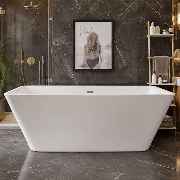 66" Premium Lucite Freestanding Bathtub, Deep Soaking Tub with Non-Slip Base, cUPC Certified Contemporary Free Standing Bath Tub with Chrome Drain & Water Bypass, Gloss White