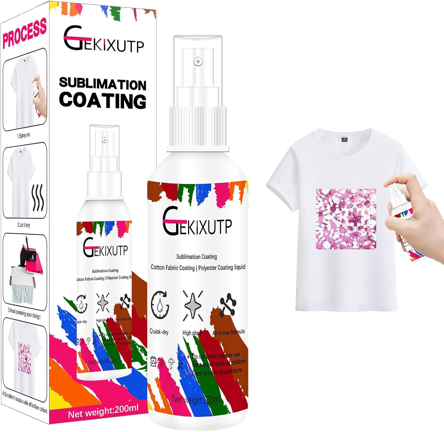 GEKIXUTP 200 ml Sublimation Spray for Cotton Tshirts,Sublimation Coating Spray for T-Shirts,Canvas, Polyester Fabric,Quick Dry, High Gloss,Polyester Spray for Sublimation