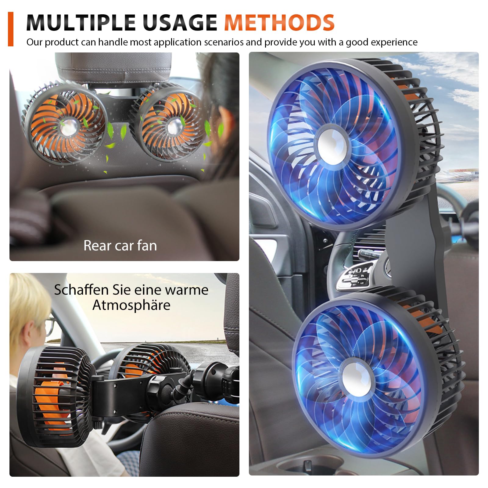Ventilatore per auto, 12 V, per sedile posteriore, girevole a 360 gradi, ventola per auto a doppia testa, ventilatore per auto, mini ventilatore, portatile girevole a 360°, per veicoli come berlina,