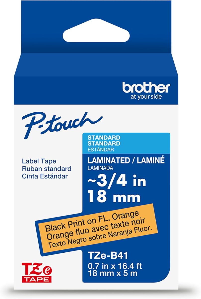 Brother Genuine P-touch TZe Black Print on Fluorescent Orange Label Tape (TZeB41), Laminated, ~3/4in x 16.4ft (18mm x 5m), for Select P-touch Label Makers, Durable, Water-Resistant, Indoor/Outdoor Use