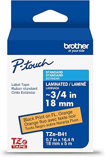 Brother Genuine P-touch TZe Black Print on Fluorescent Orange Label Tape (TZeB41), Laminated, ~3/4in x 16.4ft (18mm x 5m), for Select P-touch Label Makers, Durable, Water-Resistant, Indoor/Outdoor Use