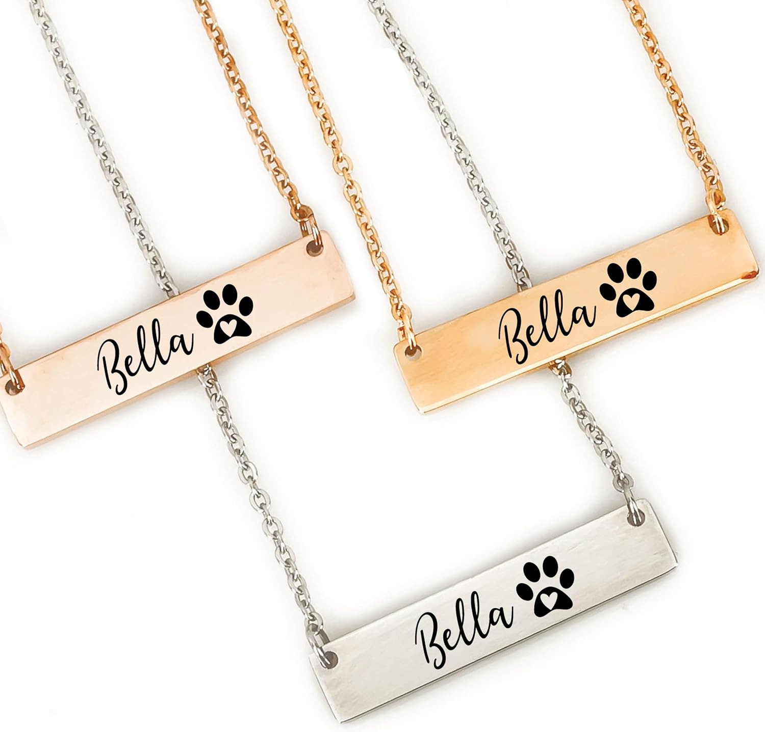 SM Design Rose Gold Stainless Steel Dog Mom Personalized Paw Print Bar Necklace 'x1.5' 18'+2' Extender Lobster Clasp Unisex