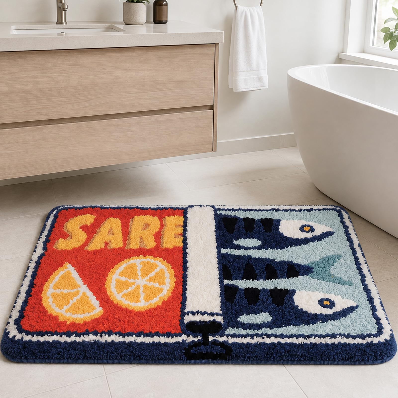 JYQOQH Sardine Can Bath Mat,80x50cm Non Slip Bathroom Mat,Absorbent Plush Rug,Soft Washable Rug,Vintage Ocean Home Decor Bath rugs for Bathroom Kitchen Shower Bedroom Door Blue Fish and Lemon