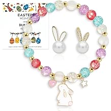 Easter Jewelry for Women Easter Bunny Stretch Bracelet with Card Rabbit Pearl Stud Earrings Cute Egg Basket Fillers Accessories Gifts