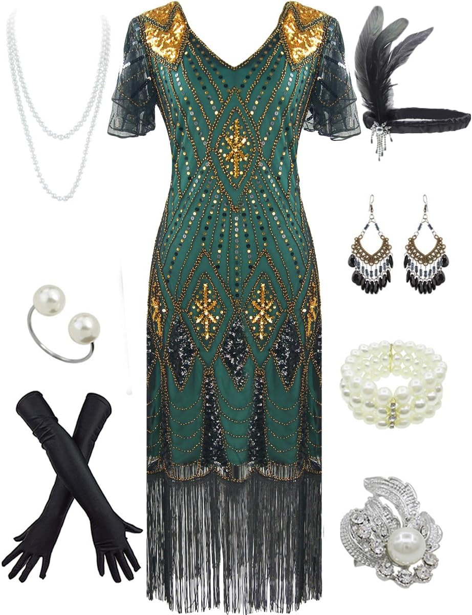 Women's 1920s Gatsby Inspired Sequin Beads Long Fringe Flapper Dress w/Accessories Set