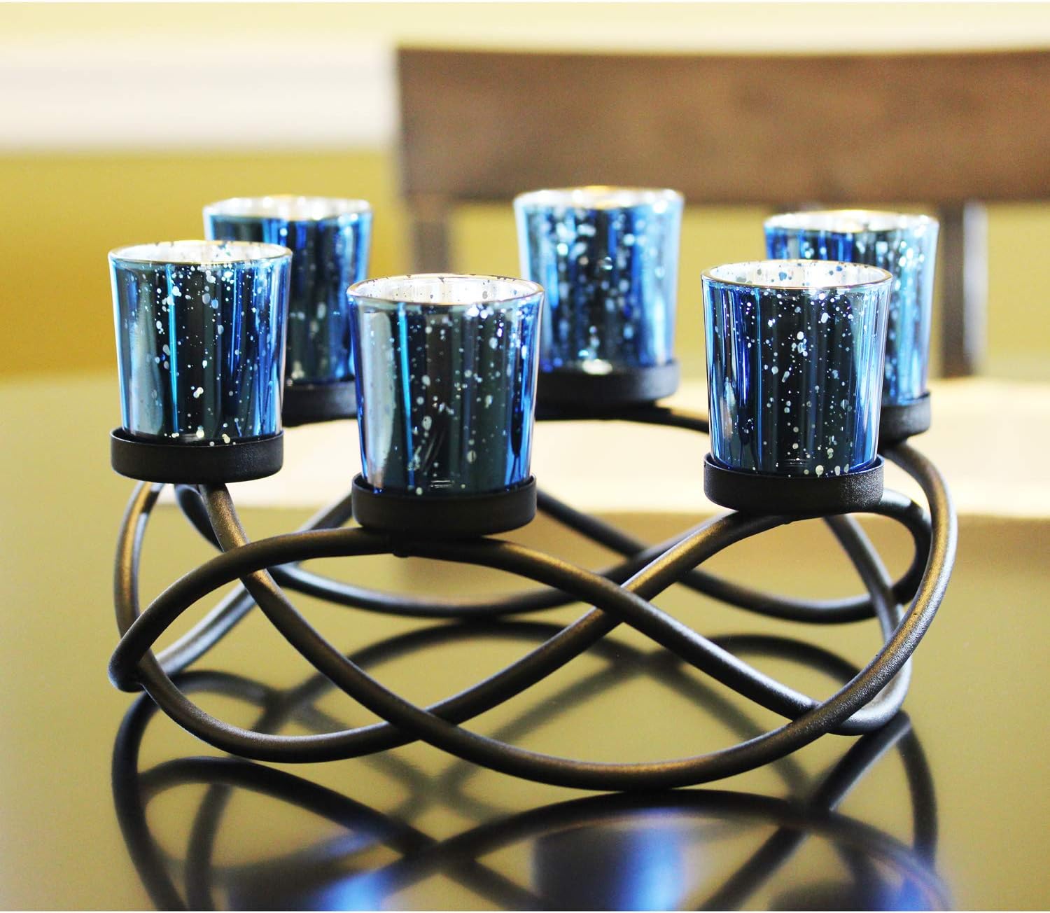 Seraphic Iron Round Table Decor Centerpiece Decorations Candle Holder for Weddings, Patio, Kitchen, Dining Room, and Coffee Tables, Glass Votive Tealight Holders, Black, 6 Blue Cups
