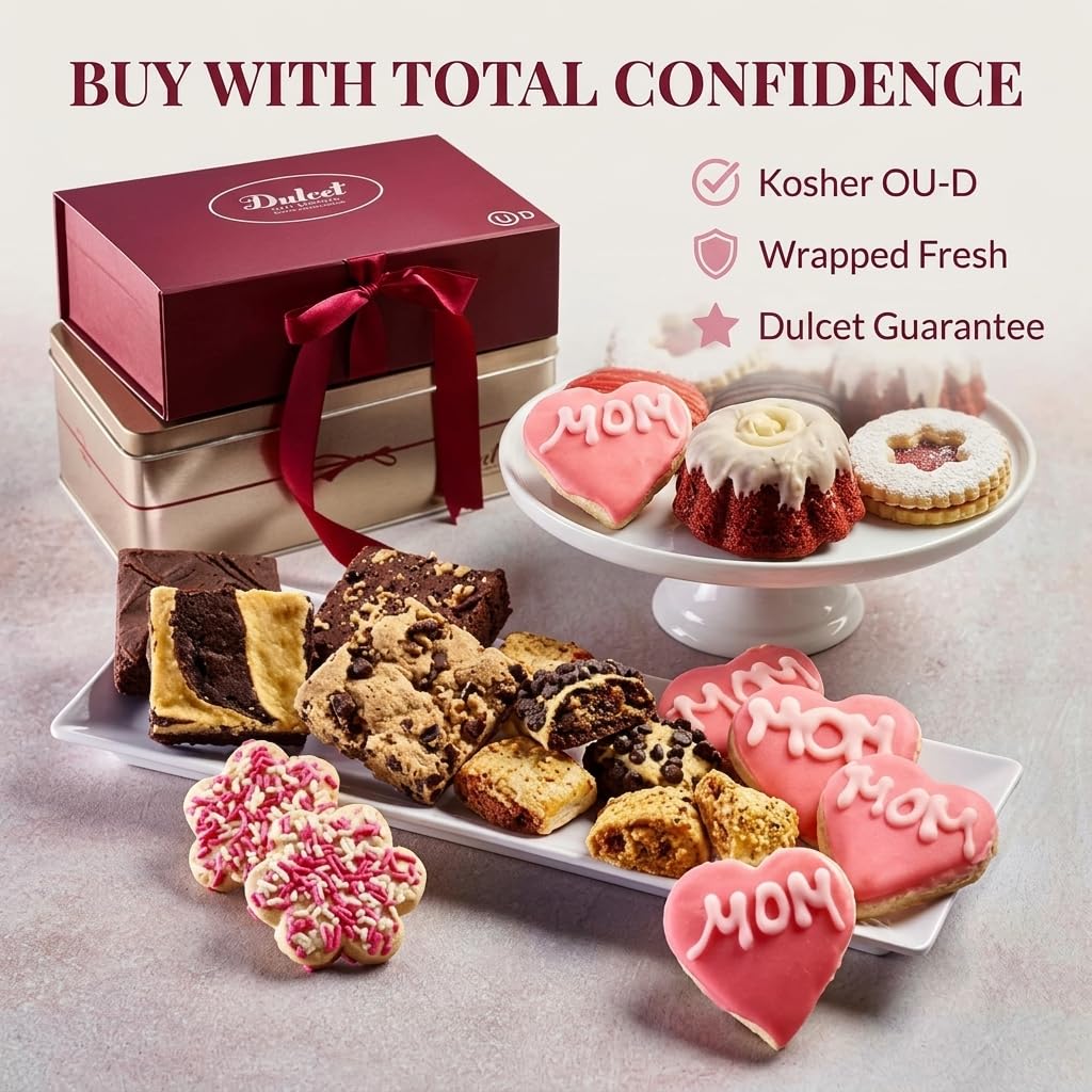 Dulcet Gift Baskets Grand Gourmet Mothers Day Two Tower Party Basket — Sugar Cookies & Fresh Baked Pastries, Gift for Mom from Dad, Son & Daughter - Personal Note Option Available