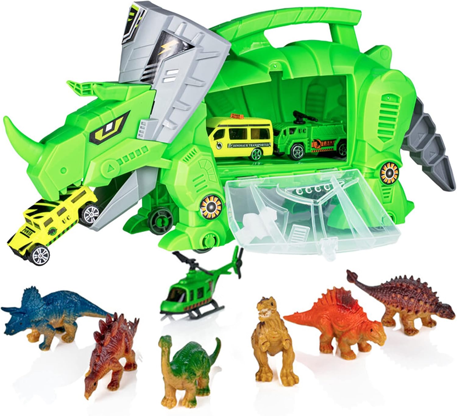 Think N Thrill Dinosaur Toys Storage Carrier for Kids Includes 6 Mini Dinosaurs 3 Toy Cars & Helicopter - #1 Best Fun Playset for Boys & Girls - Great for Children Ages 3+ Years Old (Dinosaur)