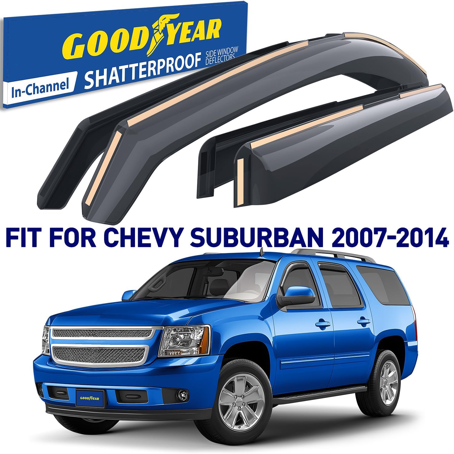 Goodyear Shatterproof In-Channel Window Deflectors for Chevrolet(Chevy)Suburban 1500 2007-2014/Suburban 2500 2007-2013,Rain Guards,Window Visors for Cars,Vent Deflector,Car Accessories, 4 pcs-GY007710