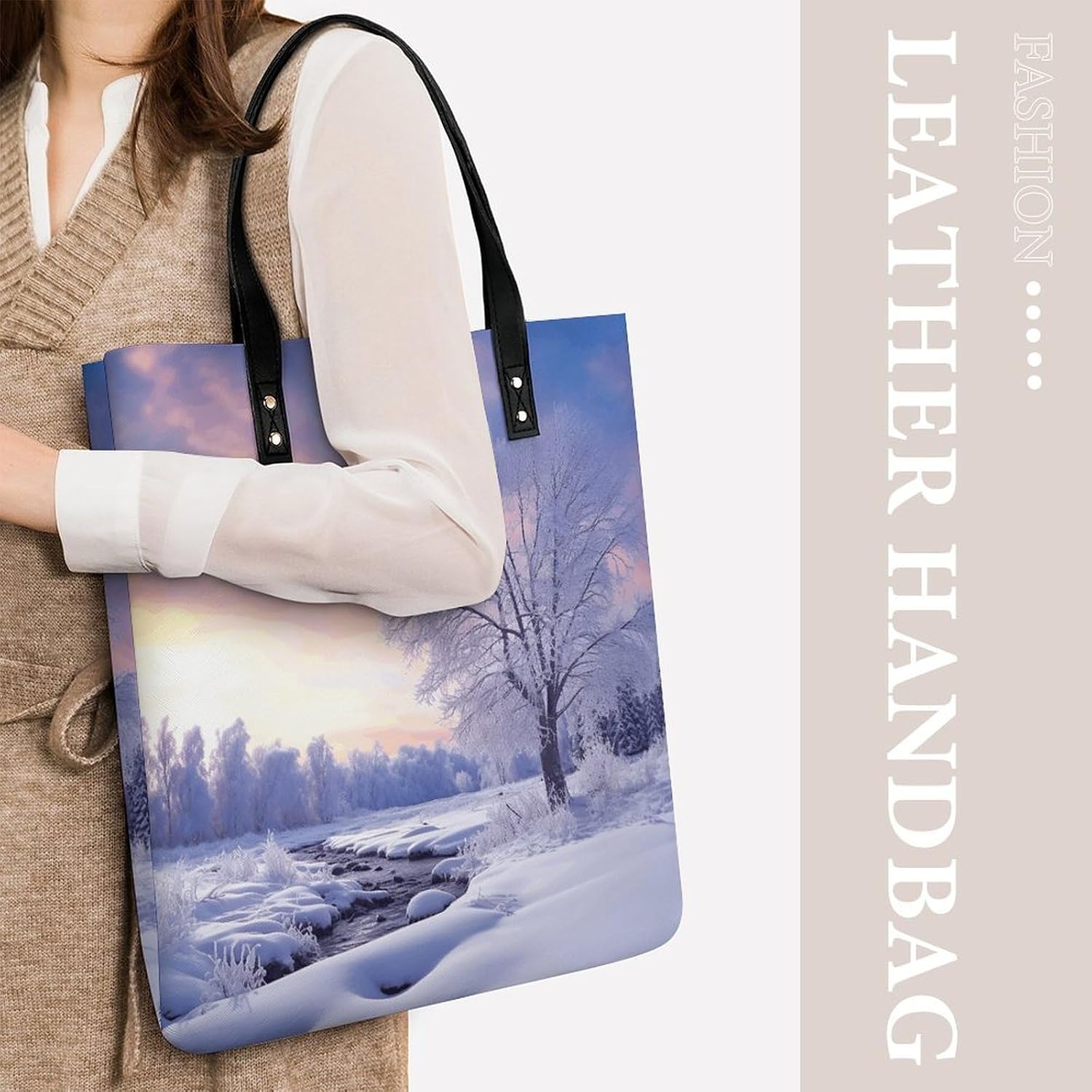 Winter Landscape Tote Bag with Magnetic Buckle Reusable Grocery Bags Lightweight Cross Body Handbag for Daily Essentials