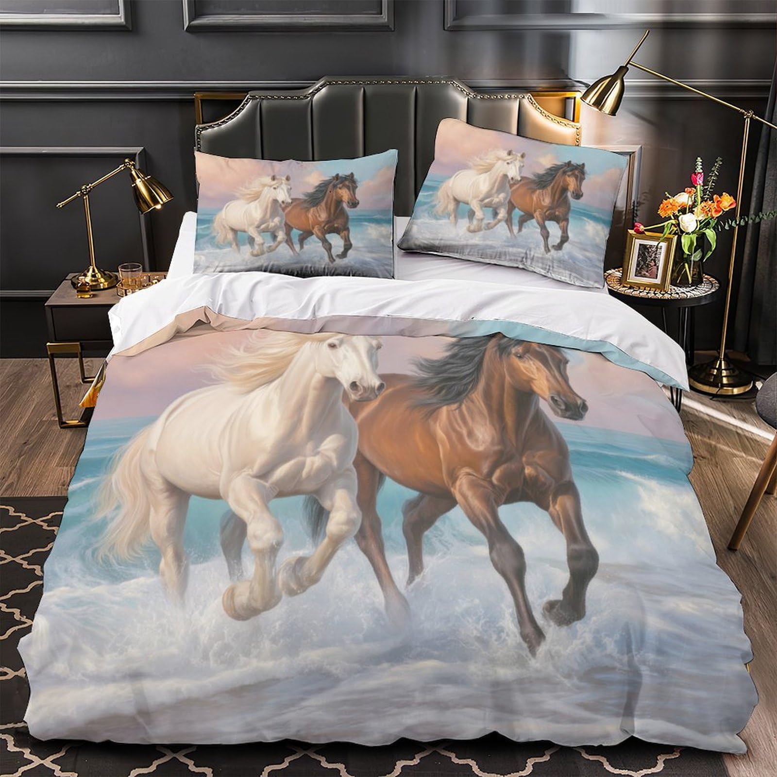 Housse de couette chevaux hypoallergénique et thermorégulatrice pour adulte