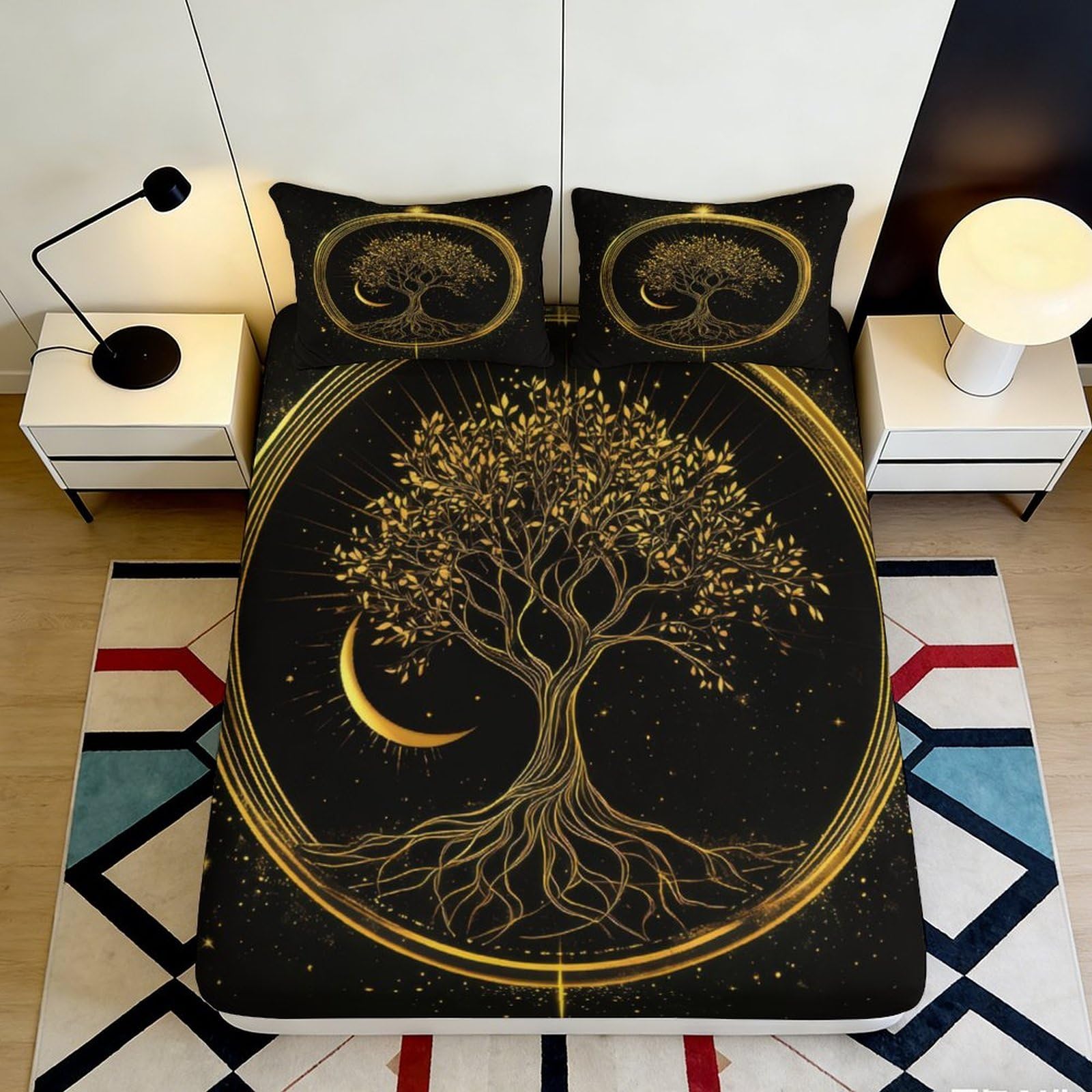 3D Printed Golden Tree of Life Fitted Sheet Microfiber Soft Black Crescent Moon Bed Cover for Bedroom Dorm Decor 90x200x25cm