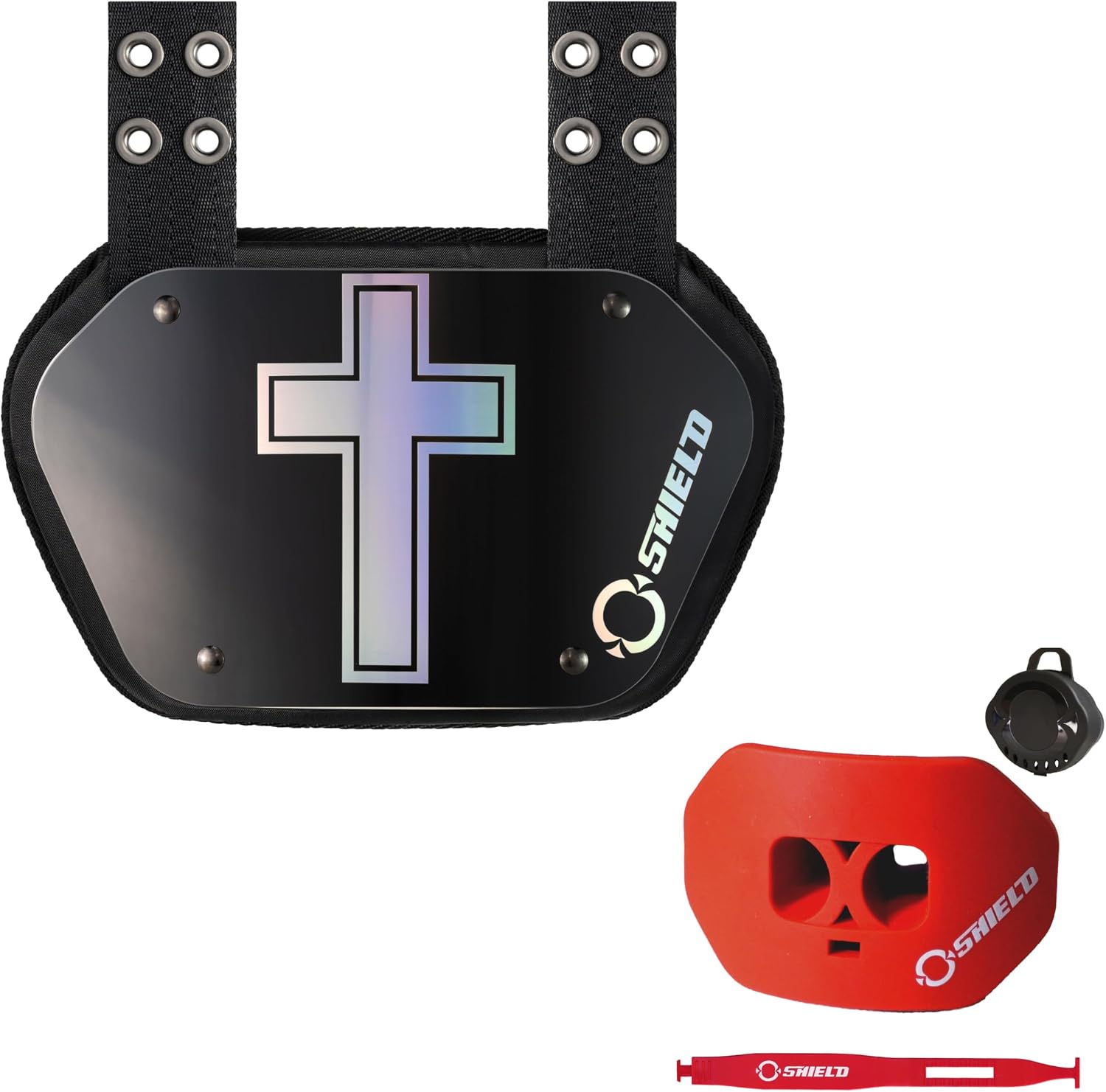 O Shield Holy Cross Black Football Backplate with Red Mouth Guard, Backplate Football with Mouthguard, Sold by Package, Adult Fit