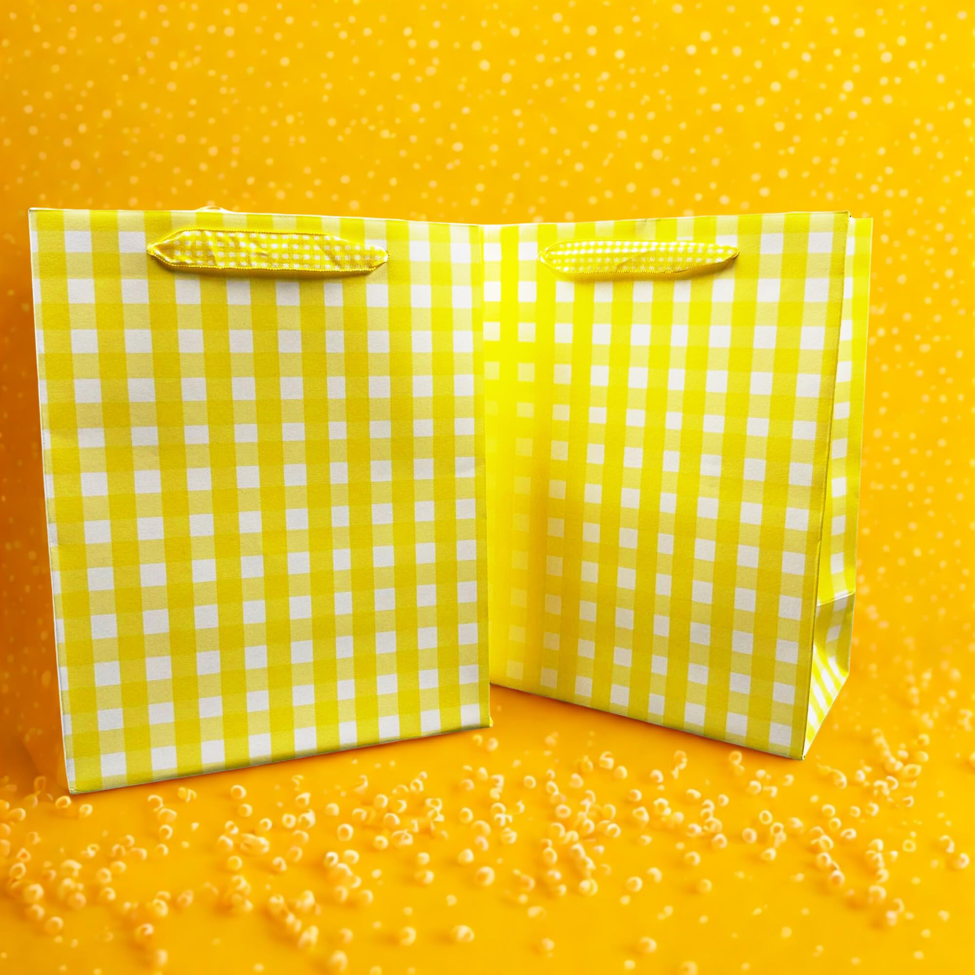 10-Pack 250g Kraft Paper Gift Bags with Checkered Pattern & Twine and tissues paper - Vintage Design, Grid Handle Bags for Wedding, Party Favors, Retail Packaging (9.1x7.1x3.9 Inches) (Yellow)