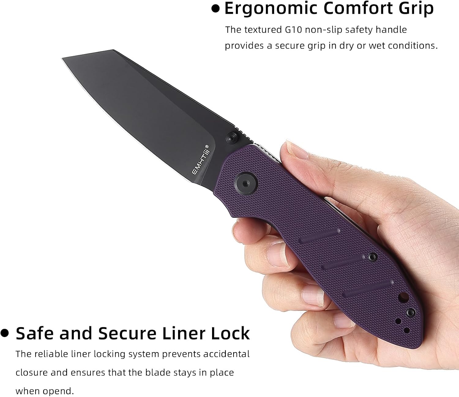 Reverse Tanto Pocket Folding Knife - 3.14" D2 Steel Blade, G10 Handle with Liner Lock, Thumb Stud, Reversible Clip, EDC Tactical Camping Knives for Men & Women E034, Purple