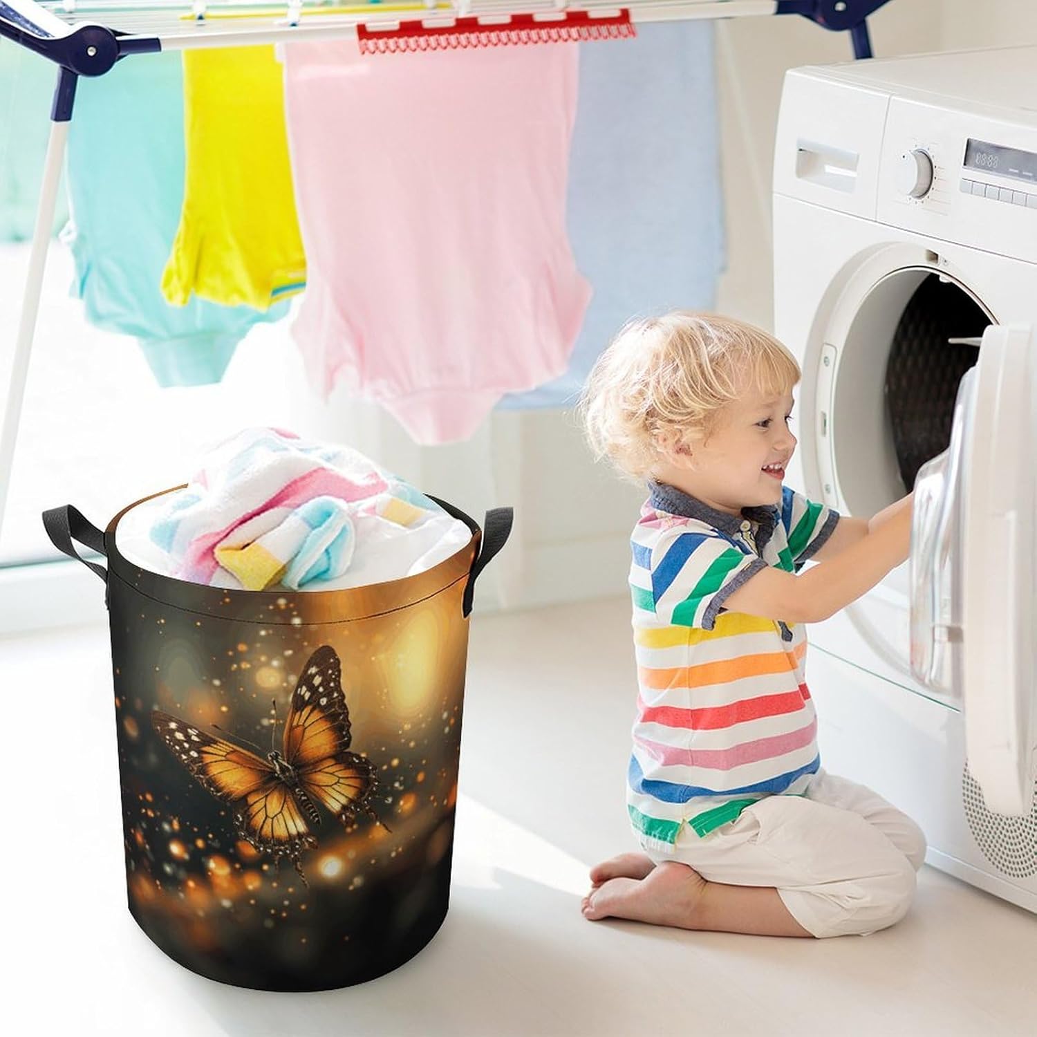 Orange Butterfly Laundry Basket Collapsible Clothes Hamper with Reinforced Handles Large Capacity Waterproof Laundry Bag Freestanding Laundry Hamper for Bedroom Bathroom