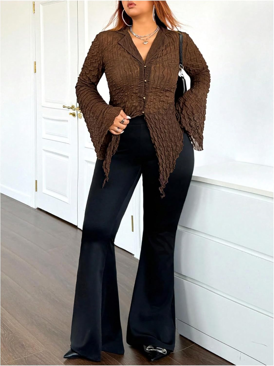 BEAUDRM Women's Plus Size Bell Sleeve Shirts Button Front Collar V Neck Sexy Blouse Going Out Fall Tops - Image 5