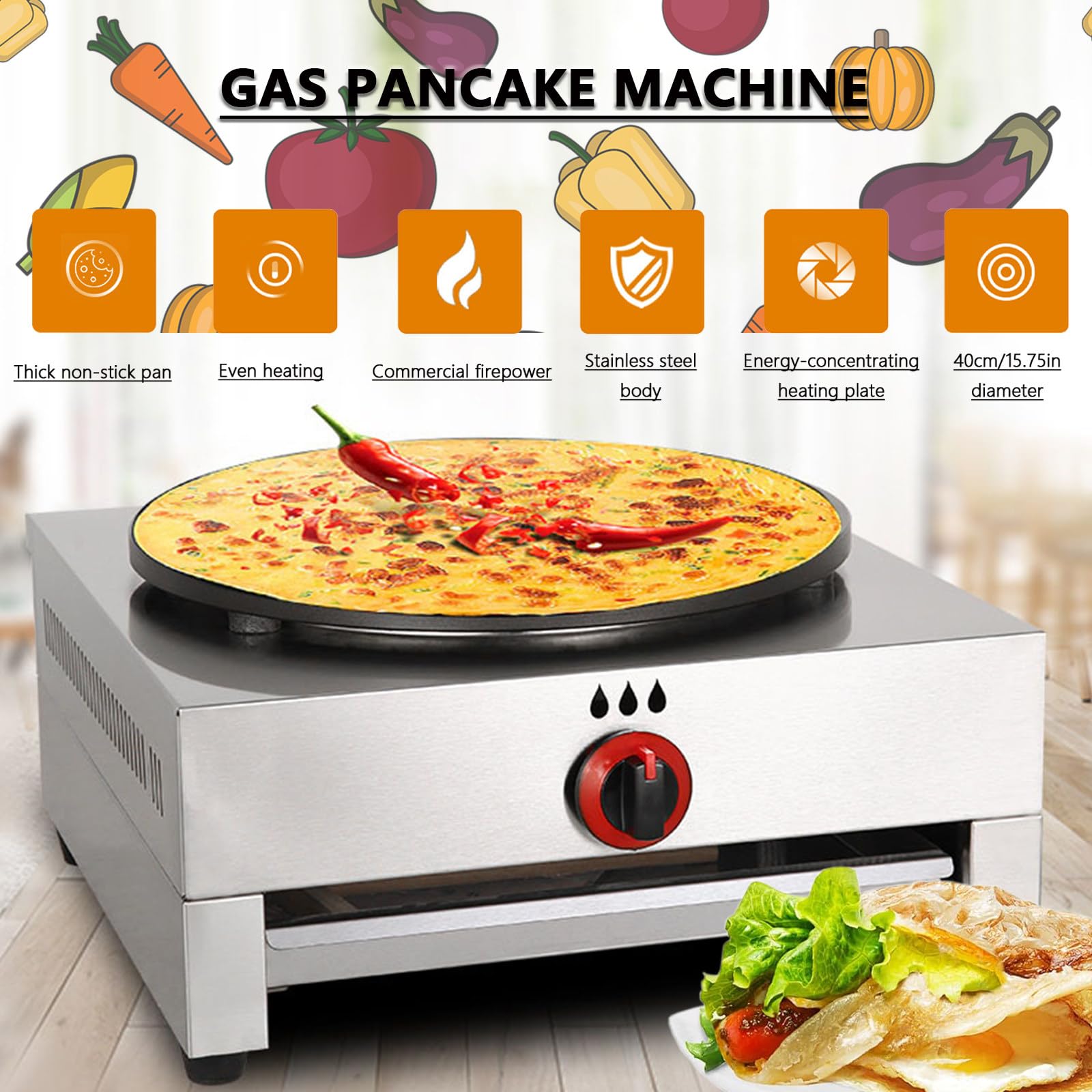 Sartén comercial para hacer crepes a gas, estufa antiadherente de 16 pulgadas, plancha para panqueques con ajustes de temperatura ajustables, cocina crepes tocino, roti, tortillas y panqueques