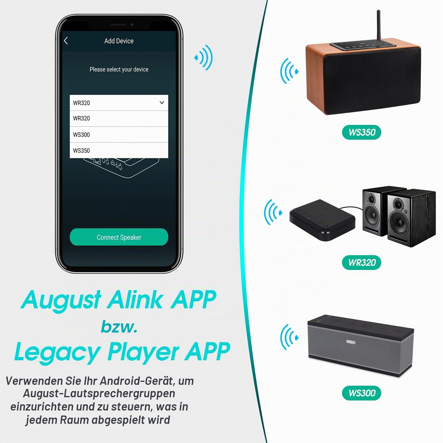August WR320 WLAN Audio Receiver WiFi Bluetooth Multiroom Adapter für Lautsprechersysteme-kabelgebundene Lautsprecher in drahtlose Konvertieren-Aux Ethernet-kompatibel mit Airplay Spotify Radio DLNA