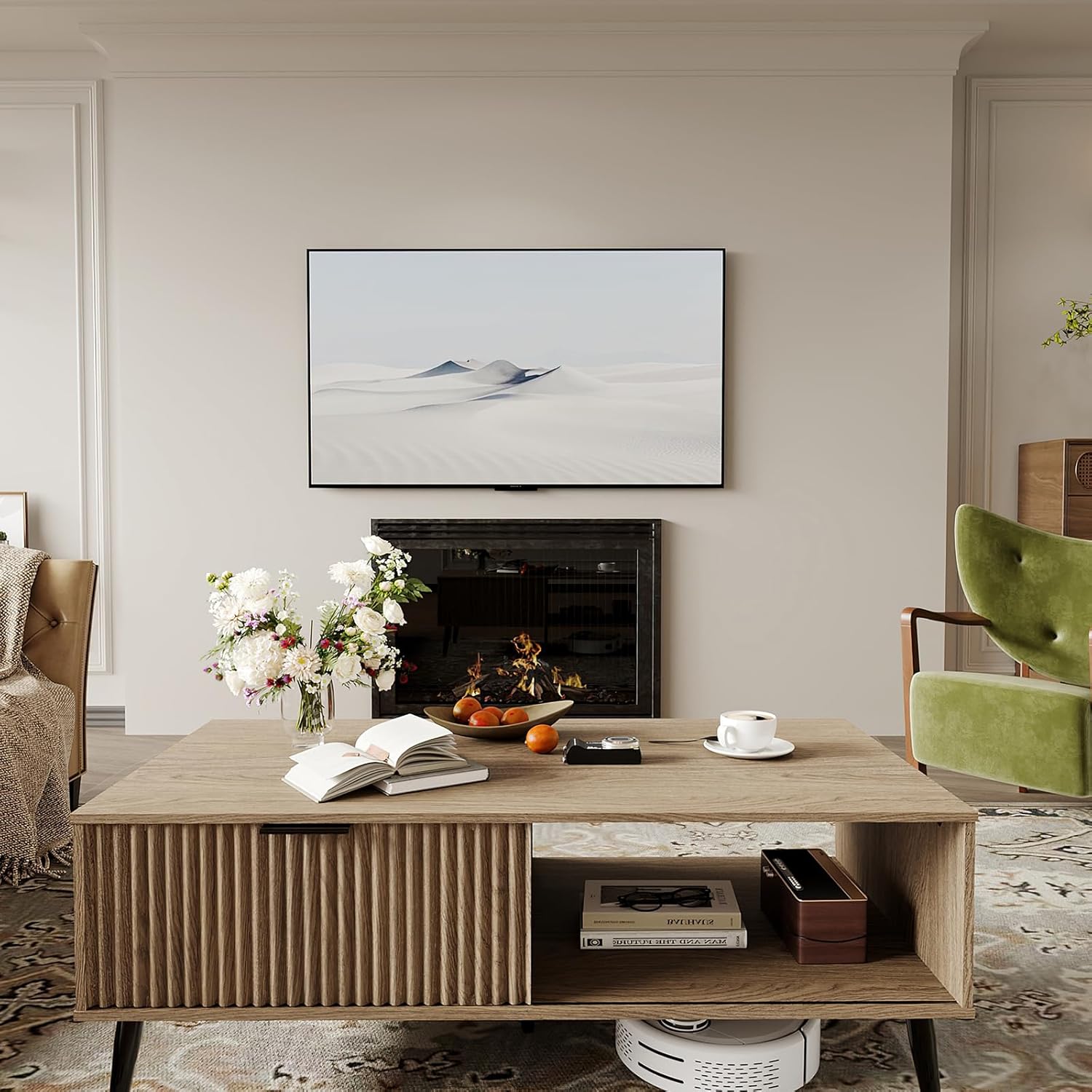 Coffee Table with Storage, Wooden Coffee Tables with Sliding Door and Solid Wood Legs, 2-Tier Cocktail Table, Mid Century Modern Coffee Table for Living Room, Home Office, Farmhouse, Natural