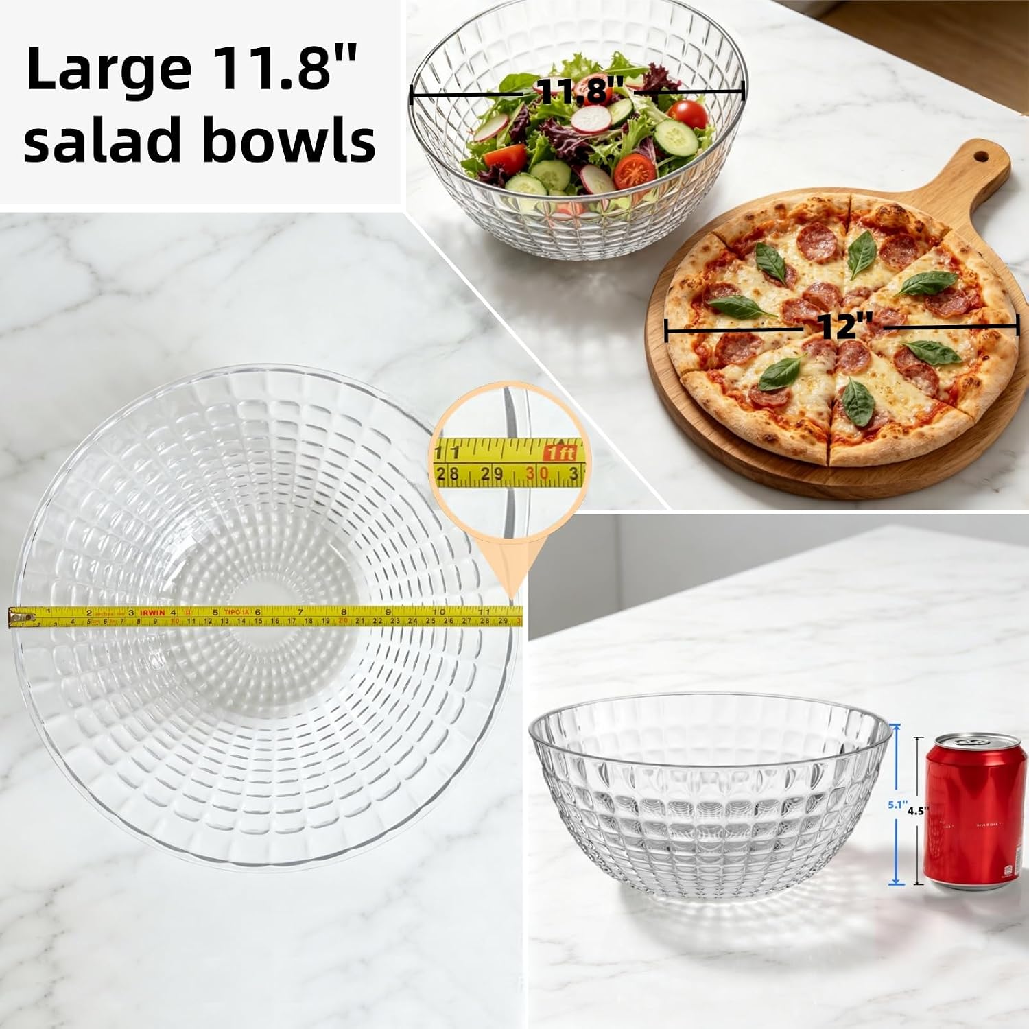 Large 11.8" Acrylic Salad Bowls, 189 oz Thicker Unbreakable Clear (2 Pack)