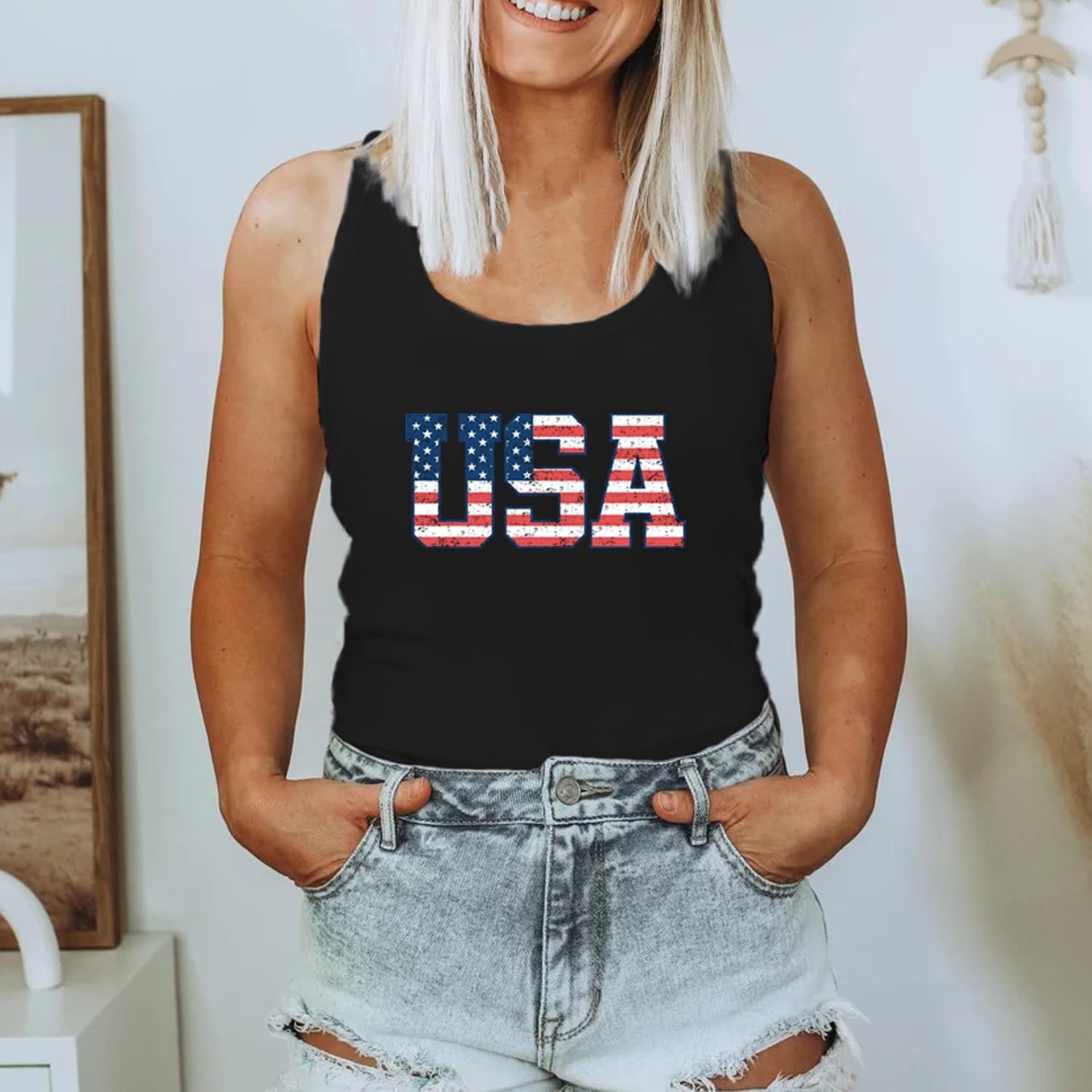 Womens USA Tank Shirts 4th of July American Flag Tshirts Patriotic Sleeveless Vest Tee Tops - Image 2