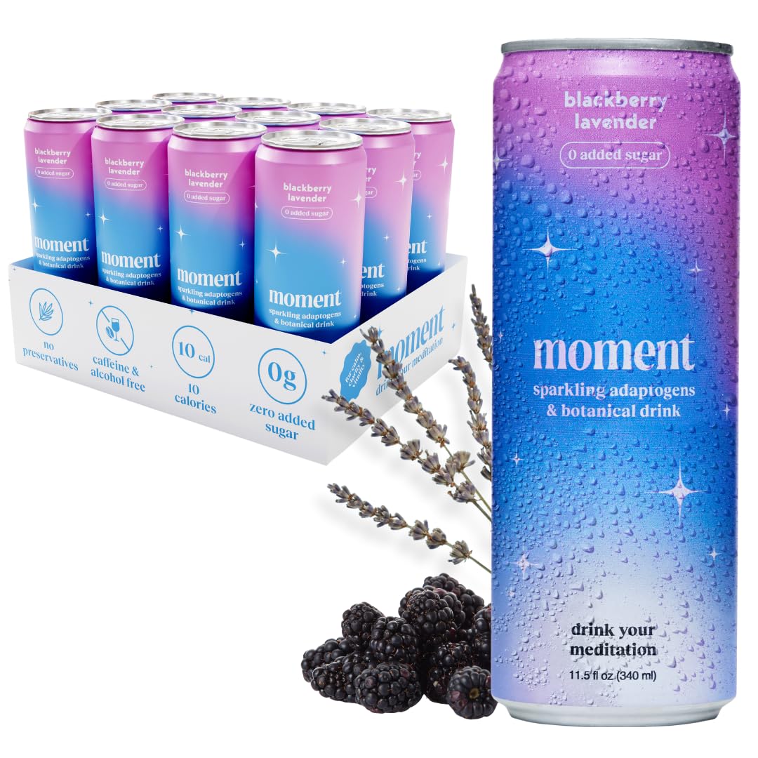 Moment Botanical Soda Soft Drink (Shark Tank) - SPARKLING Non Alcoholic Drinks | Blackberry Lavender | L-Theanine & Ashwagandha for Calm & Clarity | 0 Added Sugar 0 Caffeine | 24-pack