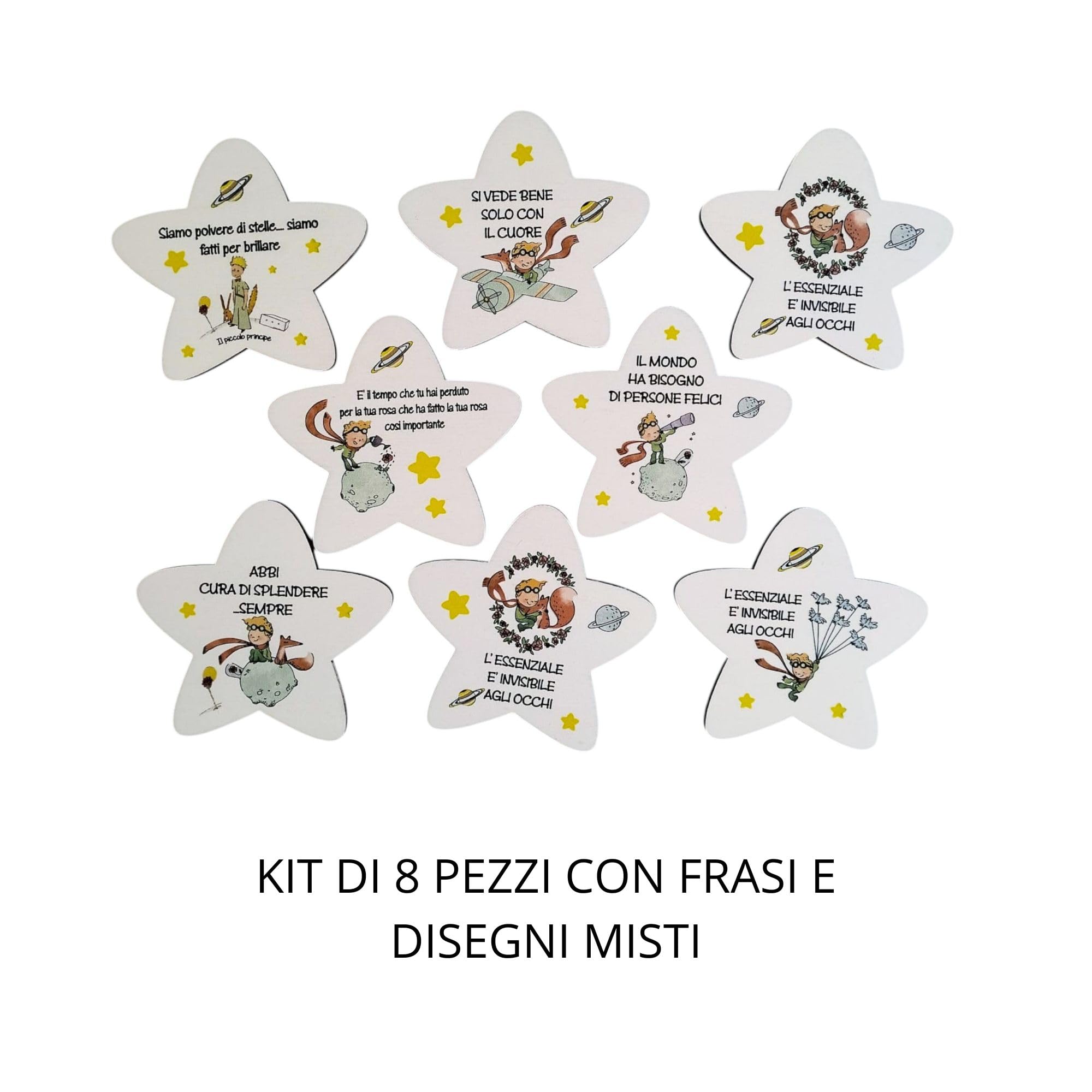 Magneti legno stellina con frasi motivazionali e disegni ispirati al Piccolo Principe – ideali per Bomboniere, sacchettini o segnaposto nascita, battesimo, comunione e cresima-KIT 8 PEZZI