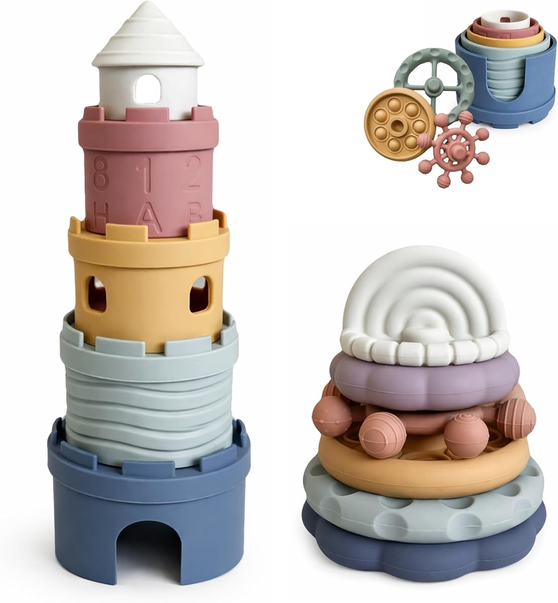 Vasos apilables y juguetes para la dentición - Juguetes de silicona Montessori para bebés - Mordedores para bebés de 3 a 6 meses - Vasos anidados de castillo suave - Juguetes con anillos apilables