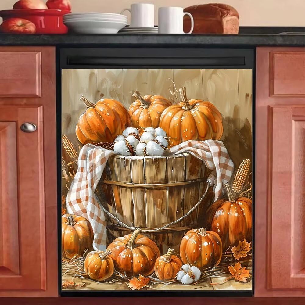 Autumn Kapok Pumpkin Dishwasher Magnet Cover, Pumpkin Maple Leaf Magnetic Dishwasher Door Cover, Autumn Warm Color Refrigerator Panel Decal, Refrigerator Vinyl Sticker 23" x 26" Magnetic