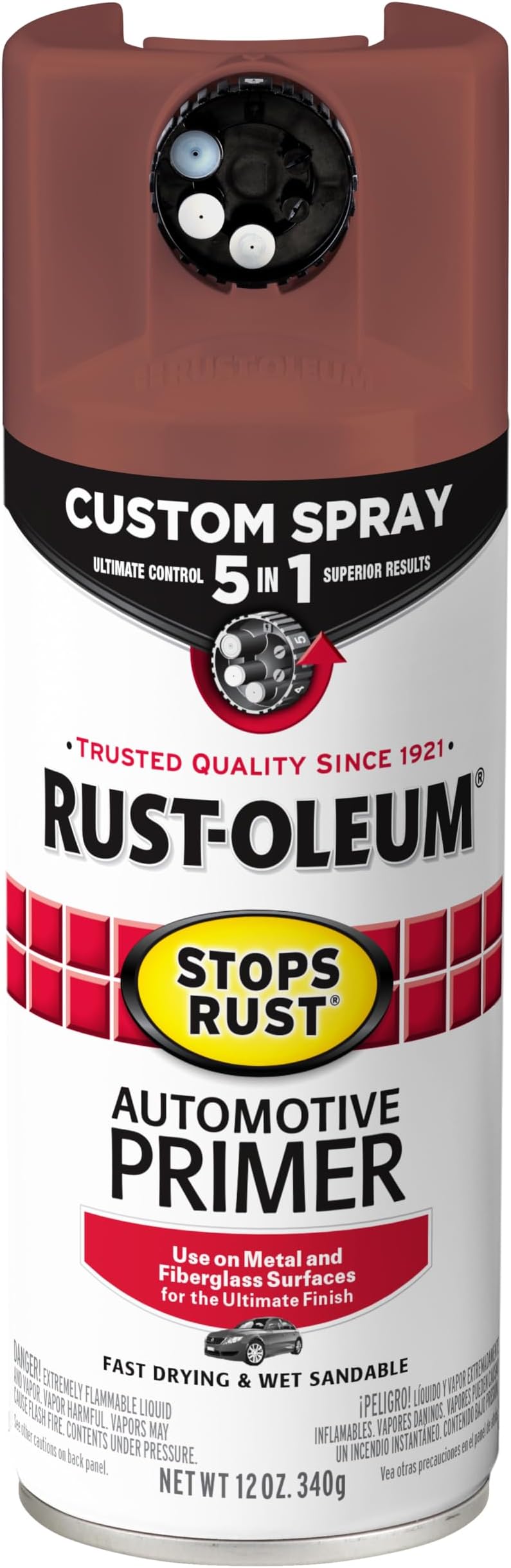 Rust-Oleum 384756 Stops Rust Custom Spray 5-in-1 Automotive Primer Spray, 12 oz, Flat Red
