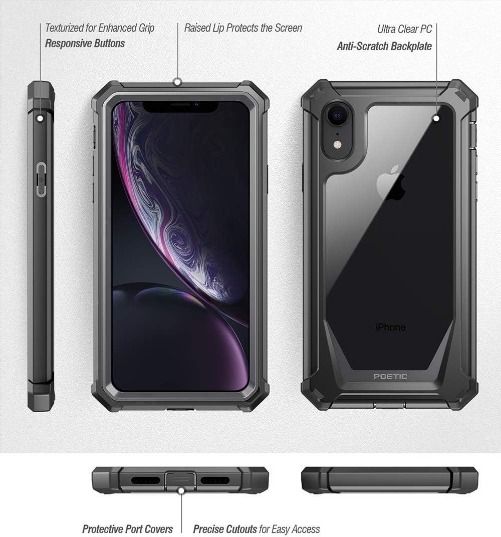 Poetic iPhone XR Case, Guardian [Scratch Resistant Back] Full-Body Rugged Clear Hybrid Bumper Case with Built-in-Screen Protector for Apple iPhone XR 6.1" LCD Display Black